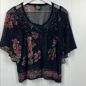 Angie Womens Top S Blsck Pink Sheer Floral Wide 1/2 Sleeves Sequin Neckline EUC